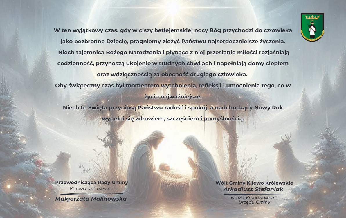 Życzenia bożonarodzeniowe na&nbsp;tle szopki przedstawiającej narodziny Jezusa