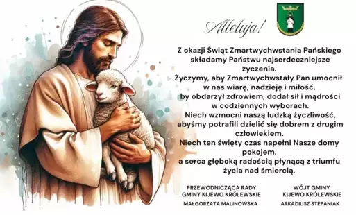 Jezus trzymający owieczkę, a po prawej stronie życzenia z okazji Świąt Wielkanocnych 2025