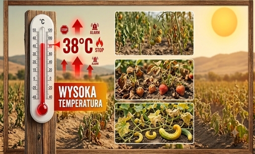 Termometr z wysoką temperaturą oraz wysuszone owoce i warzywa które znadjują się na plantacjach