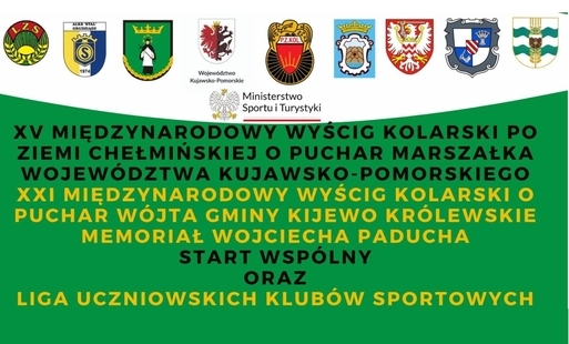 Żółto, zielono, białe tło na którym znajdują się kolarze, informacje o imprezie oraz logotypy organizatorów
