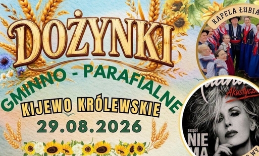 Napis wydarzenia dotyczącego dożynek. W tle kłosy, słoneczniki i kilku artystów któzy wystąpią na imprezie.jpg