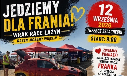 Jedziemy dla Frania, Wrak Race Łążyn, 12 września 2026 Trzebcz Szlachecki. Przed kilkoma namiotami, stoi czerwony samochód